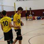 Zwei Volleyballer in schwarzen Hosen und gelben Trikots klatschen sich auf dem Spielfeld ab.