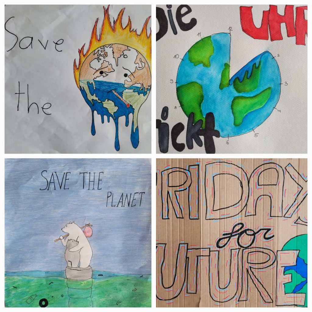 Vier bunt gestaltete SchülerInnen -Plakate zum Thema Klimaschutz